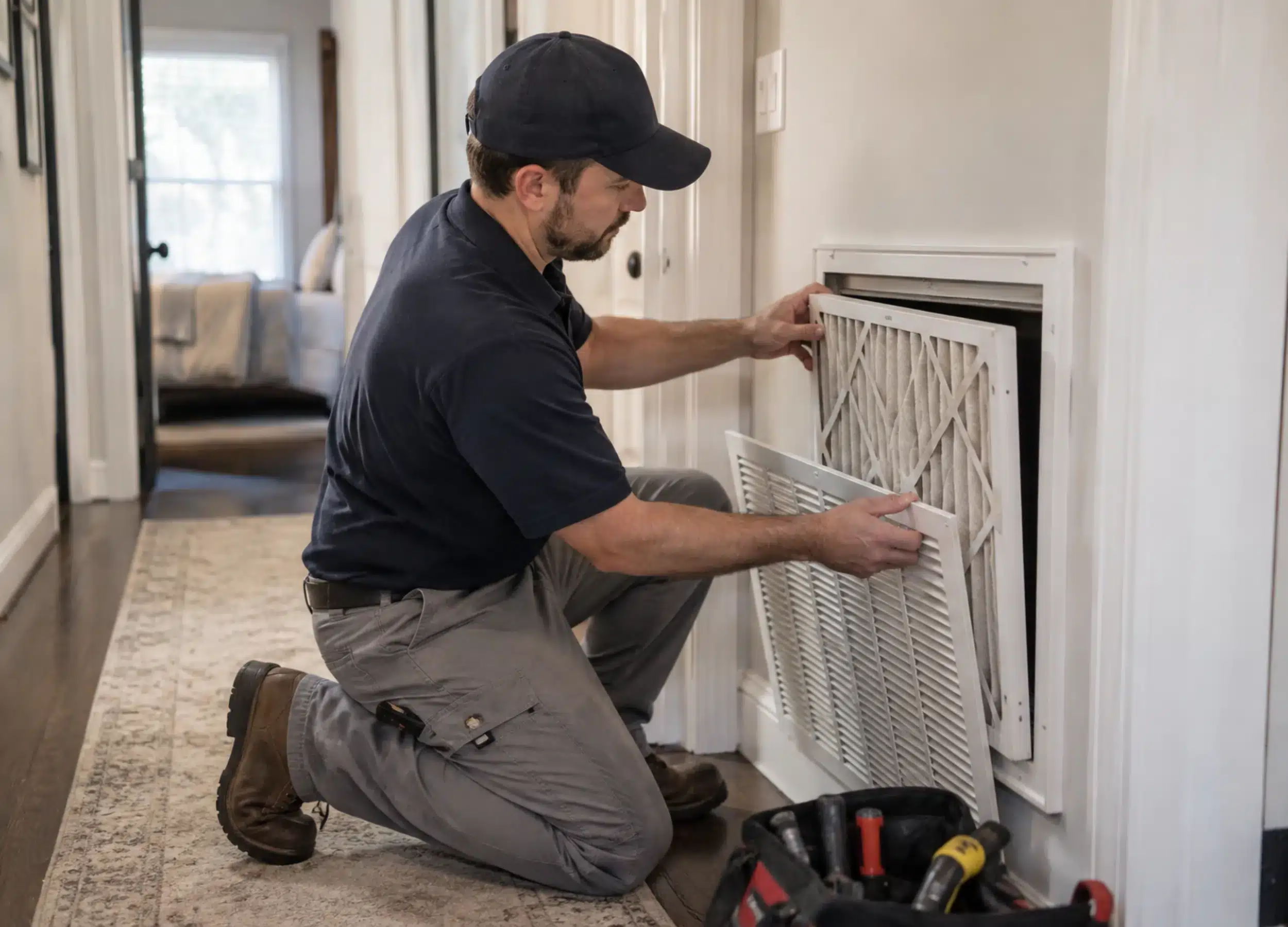 Technician performing Air Conditioning Repair on a Shelby Township - MI outdoor unit during a heat wave