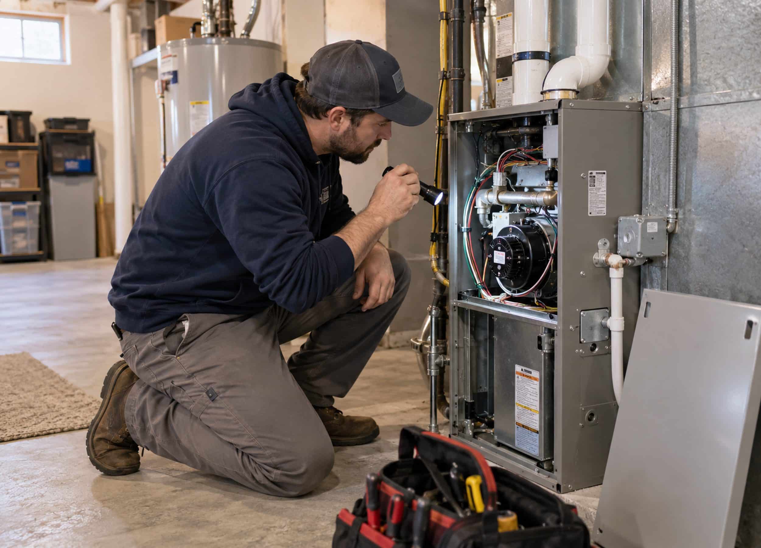Furnace Maintenance in Sterling Heights - MI as a technician checks a residential furnace control panel